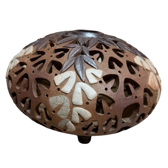 Studio Pottery Candle Tea Light Holder Floral Cutouts Clay Signed Jerry Conrad - Picture 2 of 7